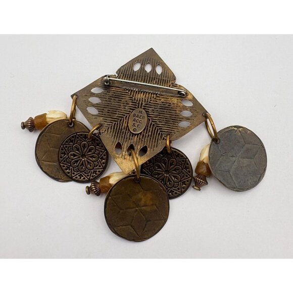 Vintage M Baer Acc SF Brass Artisan Brooch Dangling Beads & Discs Statement Pin - Picture 2 of 6